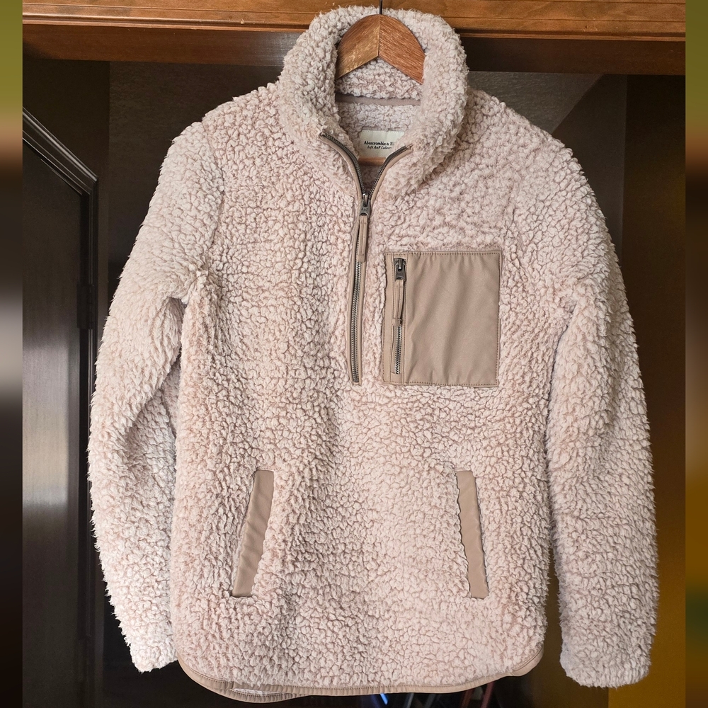 ABERCROMBIE & FITCH Sherpa Half Zip Small Cream Tan Sweater Jacket